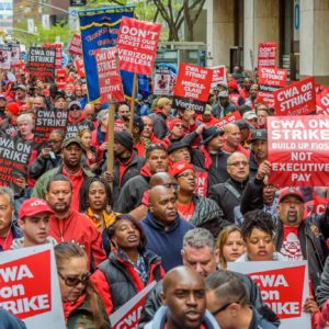 2,000 Verizon workers on strike, supporters & elected leaders march to Verizon Wireless office, Wall Street, NYC (Photo, Erik Mc Gregor/Pacific Press)