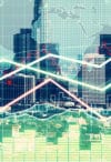 Double explosure with business graph with arrows and financial graphs