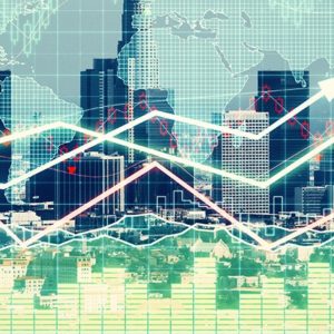 Double explosure with business graph with arrows and financial graphs