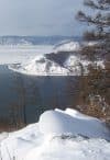 View on River Angara with the Shaman Stone and on Lake Baikal from Chersky Stone