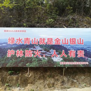 Billboard reading "Clear waters and green mountains"